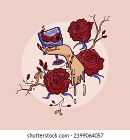 T-shirt design with skull in hand and flowers. Vintage typography for tee print in vintage and hipster style. Vector isolated line