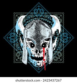T-shirt design of a skull with helmet and horns on a Hindu mandala on a black background.