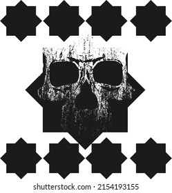T-shirt design of a skull inside black squares. Vector illustration with decorative squares of Islamic culture.