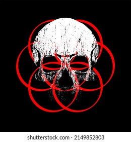 T-shirt design of a skull mixed with red circles on a black background. demon design.