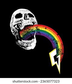 T-shirt design of a skull with a rainbow coming out of the mouth and the symbol of thunderbolt. Good illustration for gay pride day