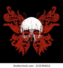 T-shirt design of a skull and a red butterfly isolated on black