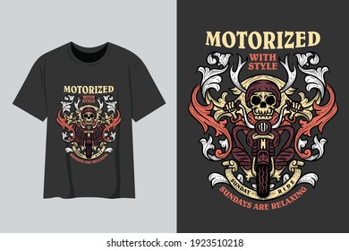 T-shirt design, skull riding motorcycle, light yellow and white orange color, dark gray background and gray color