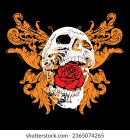 T-shirt design of a skull with a rose and a butterfly isolated on black