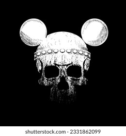 T-shirt design of a skull with two mouse ears isolated on black. Vector illustration for halloween