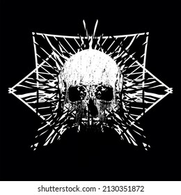 T-shirt design of a skull with white lines on a black background.
