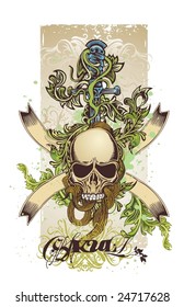 t-shirt design of skull,sword with floral ornaments on grunge background