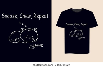 T-shirt design with sleeping cat and fish bone, flat vector illustration, can be used as print for clothes, mug, bag, funny poster.