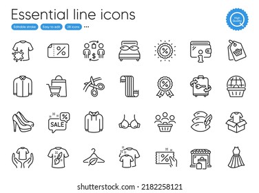 T-shirt design, Slow fashion and Wallet line icons. Collection of Clothing, Discount coupon, Scarf icons. Shoes, Clean t-shirt, Scissors web elements. Discount medal, Dress, Sale bags. Vector