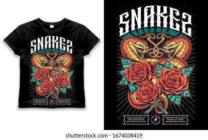 T-shirt design with snakes and roses. Snakes open mouth wild and wraps the flowers. Classic grunge tattoo style print design. Bright juicy colors. Vector art. 