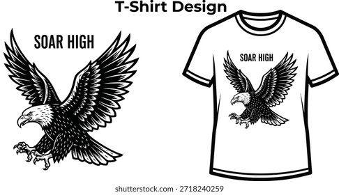 T-shirt design de Soar alta tipografia com águia voadora para a liberdade logotipo design, distintivo de animal de aves selvagens, emblema patriótico americano e isolado na natureza transparente ilustração gráfica