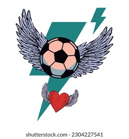 T-shirt design of a soccer ball with wings over the symbol of thunder. winged red heart Vector illustration for soccer lovers.