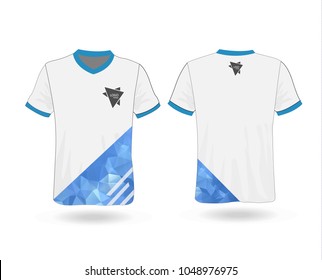 T-shirt design sport with blue polygonal stripe and logo Template for design on white background. Vector illustration eps 10.