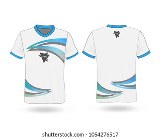 T-shirt design sport with blue polygonal stripe and logo Template for design on white background. Vector illustration eps 10.