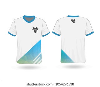 T-shirt design sport with blue polygonal stripe and logo Template for design on white background. Vector illustration eps 10.