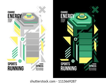t-shirt design sports running fitness wear with charge energy battery on black and white background