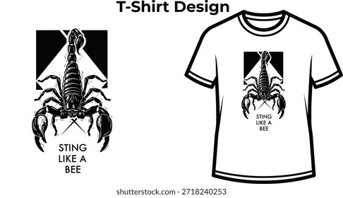 T-Shirt-Design von Sting wie eine Biene Typografie mit Skorpion für gefährliches Logo, wilde Wüste Tierabzeichen, Gift Insekt Emblem und einzeln auf transparenter Natur grafische Illustration