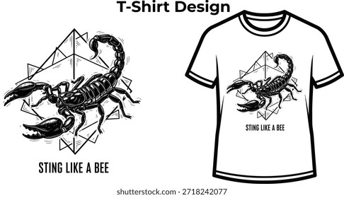 T-Shirt-Design von Sting wie eine Biene Typografie mit Skorpion für gefährliches Logo, wilde Wüste Tierabzeichen, Gift Insekt Emblem und einzeln auf transparenter Natur grafische Illustration