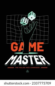 T-shirt design for streetwear. Game Master typography, retro futuristic style. Neon and black theme color.