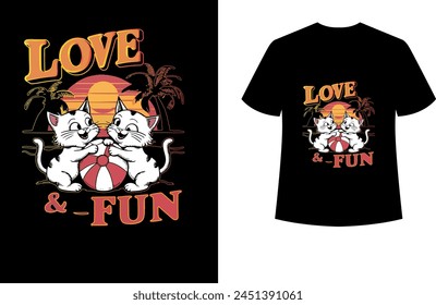 T-shirt design with Summer beach beautiful couple cats share love,funky design,modern illustration,graphic art, typography, illustration