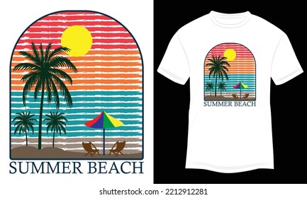 T-shirt Design Summer Beach Vector Illustration and Colorful White Background.