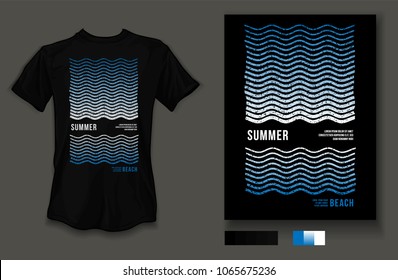 t-shirt design summer beach wave and sea wear on black background and black t-shirt