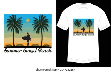 Diseño de camisetas Verano Sunset Beach Vector Typografía Ilustración y colorido en fondo blanco.