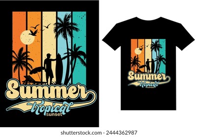 T-shirt design of summer tropical sunset surf in retro vintage style t shirt 