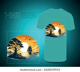 T-shirt design of sunset sea with tree
