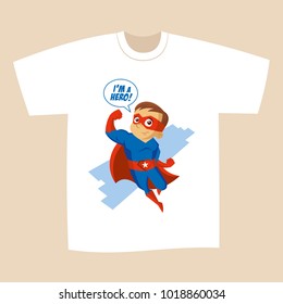 T-shirt design Superhero boy Cartoon character Vector illustration