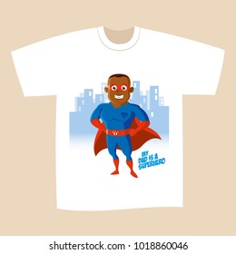 T-shirt design Superhero man Cartoon character Vector illustration
