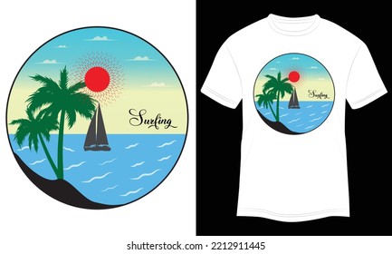 T-shirt Design Surfing Vector Illustration and Colorful White Background.