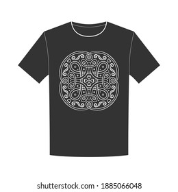 T-shirt design with swirling lines, circles, hearts and geometric flowers.