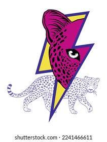 T-shirt design with the symbol of thunder and a leopard isolated on white 