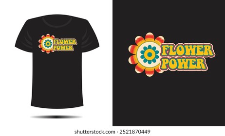 Tshirt design. T shirt flower power print. Vector retro vintage colorful flower hippy groovy