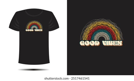 Tshirt design. T shirt good vibes print. Vector template in retro vintage colorful