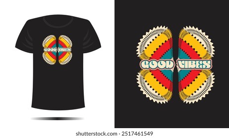 Hemddesign. T-Shirt gute Vibes Print. Vektor Retro Vintage bunte Blume Hippy Design