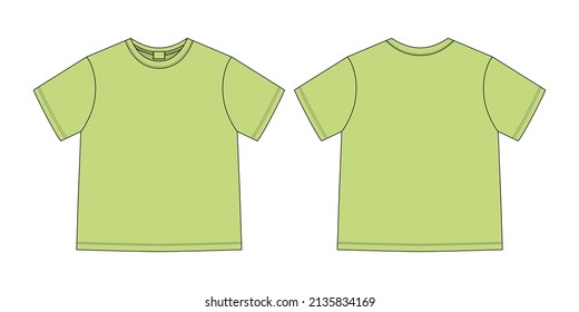 T-shirt design template. Apparel technical sketch unisex t shirt. Green color. Front and back views. Vector CAD technical fashion illustration.