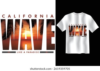 tshirt design template featuring california wave typography filled with a beautiful ocean sunset and palm trees ready to print graphic for apparel and merchandise