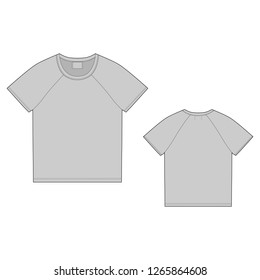 T-shirt design template. Front and back vector. Technical sketch raglan unisex t shirt