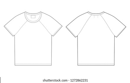 T-shirt design template. Front and back vector. Technical sketch raglan unisex t shirt