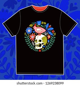 T-shirt design template. Design print for clothes. Halloween illustration. Medallion with a skull, a bird and flowers. Happy Halloween!