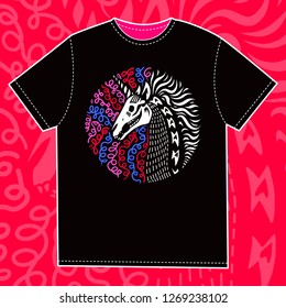 T-shirt design template. Design print for clothes. Party unicorn skeleton. Halloween illustration.