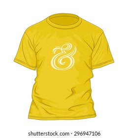 T-shirt design template with texture and ampersand hand lettering. Yellow t-shirt with ampersand symbol. Vector illustration