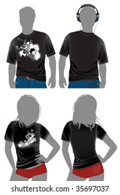 T-shirt design templates in dark colors. All elements and textures are individual objects. Vector illustration scale to any size.