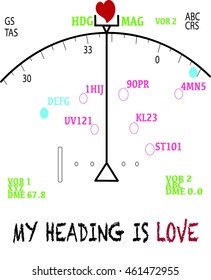 T-shirt design with the text "my heading is love" with aircraft navigation system