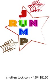 T-shirt design with text "run, jump" and stars