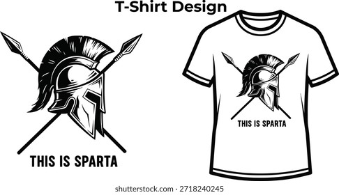 Diseño de camiseta de Esto es la tipografía sparta con casco y lanzas para el logotipo del guerrero, insignia de luchador griego antiguo, emblema de batalla de historia y aislado en la ilustración gráfica transparente del gladiador