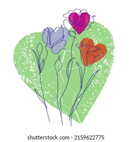 T-shirt design of three linear flowers on a green heart.