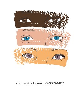 T-shirt design of three pairs of eyes of women of different races. Asian, black and European woman eyes. Femnist vector illustration.